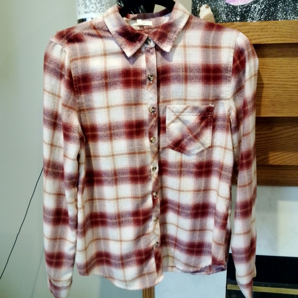 Maurices Burgundy and Cream Plaid Shirt